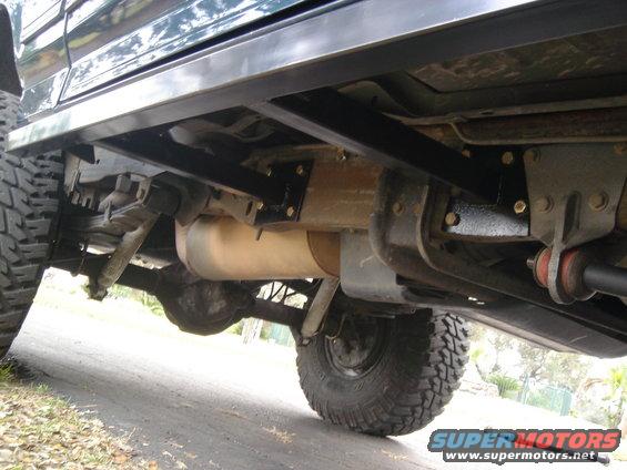 Undercarriage of dark green SUV with rock sliders, showing suspension and exhaust