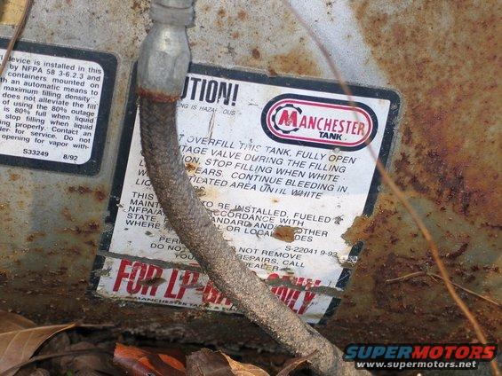 Label on a Manchester Tank with instructions for filling and safety warnings. Text includes 'CAUTION!' and 'FOR LP-GAS ONLY'