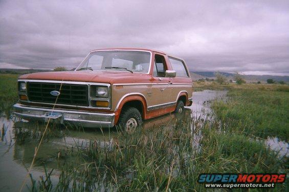Red and tan Ford Bronco stuck in muddy water, front-left tire submerged