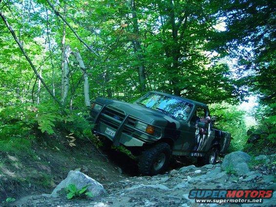 Dark green Ford F-Series truck with a brush guard navigating a rocky, wooded trail