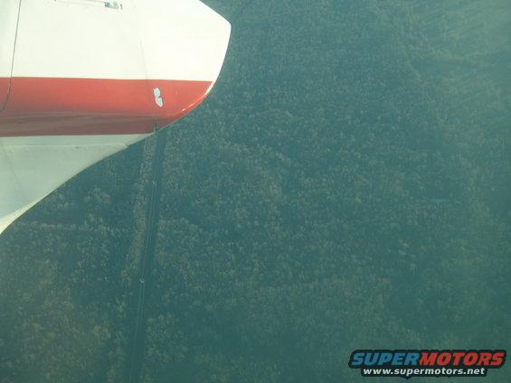 Airplane wing section with red stripe over dense forest