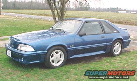 Blue 1987 Ford Mustang coupe parked on grass, side view