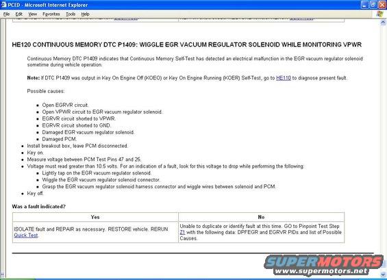 Screenshot of a webpage detailing diagnostic trouble code P1409 for a vehicle's EGR vacuum regulator solenoid