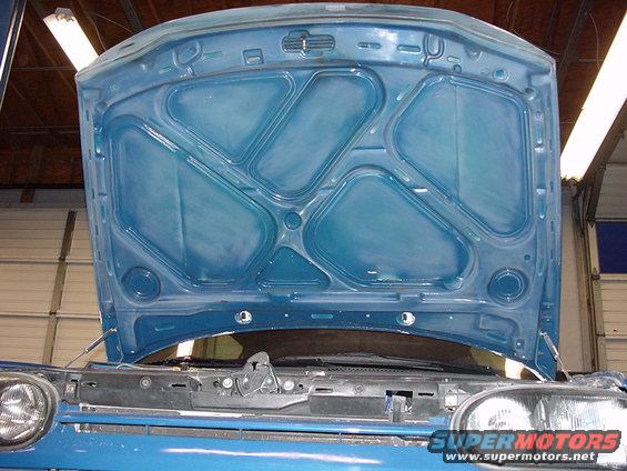 Car hood interior, blue painted metal with bracing. Headlights visible below
