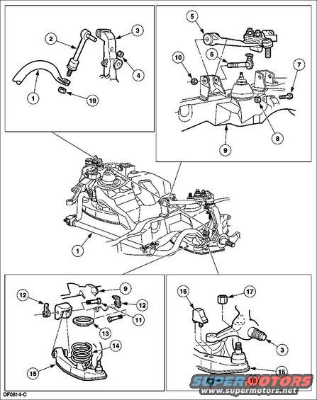 frontsusp00.jpg '00 Front suspension

1  5482  Front stabilizer bar
2  5K484  Stabilizer bar link (2 req'd)
3  3105  Front wheel spindle (2 req'd)
4  N620042-S100  Nut (2 req'd)
5  3083  Front suspension upper arm (2 req'd)
6  N808998-S428  Bolt (4 req'd)
7  N806579-S428  Bolt (2 req'd)
8  N805475-S428  Nut (2 req'd)
9  %u2014  Frame
10  N805476-S301  Nut (4 req'd)
11  N811745-S426  Bolt (4 req'd)
12  N808943-S428  Nut (4 req'd)
13  5415  Front spring insulator (2 req'd)
14  5310  Front coil spring (2 req'd)
15  3078  Front suspension lower arm (2 req'd)
16  3020  Front suspension bumper (2 req'd)
17  N808509-S428  Nut (2 req'd)
18  N620468-S60  Nut (2 req'd)
19  W520214-S428  Nut (2 req'd)