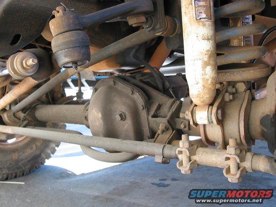 Front axle and suspension of a 4x4 vehicle, showing steering linkage and shock absorber