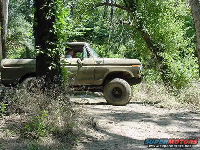 Tan 1973 Ford F-Series truck driving on a dirt road through trees
