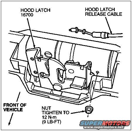 Diagram showing hood latch, release cable, and mounting nut with torque specification