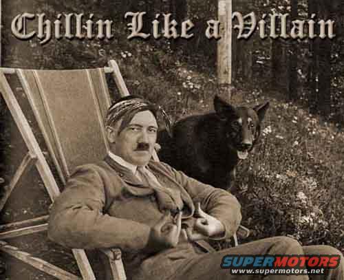 Man in chair with dog behind him, text says 'Chillin Like a Villain'