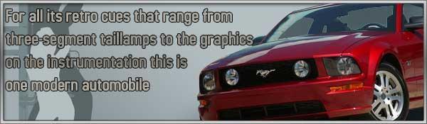 Red Ford Mustang front quarter view with text overlay