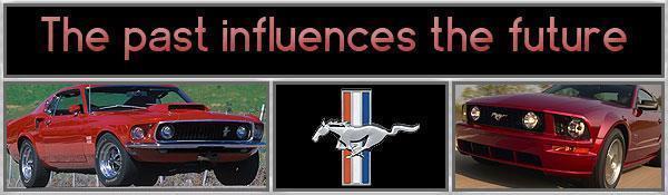 Collage of a classic red Mustang, a Ford Mustang logo, and a modern red Mustang