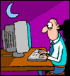 Cartoon man in shirt and tie typing on a keyboard at a desk with a computer monitor