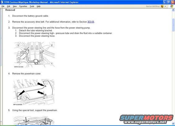 Workshop manual page showing removal steps with diagrams for power steering and powertrain