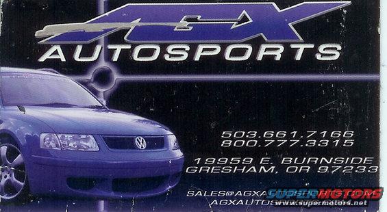 Blue Volkswagen Passat front end with AGX Autosports logo and contact info