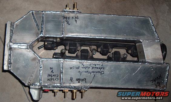 Custom aluminum intake manifold with engine coils and solenoids, labeled for cruise control, brake, charcoal canister, and PCV