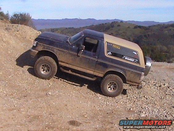 Dark blue and tan Ford Bronco on a dirt road, angled left, with off-road tires and a spare tire on the back