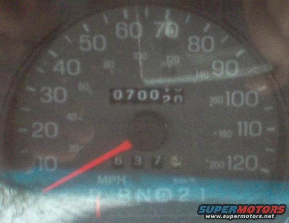 odometer.jpg My odo: 187437
Donor's: 070020

UPDATE: 10/7/8
My odo stopped working shortly after the swap and I drove maybe 2 years without it, so I've lost track of how many miles are on the engine/trans now.