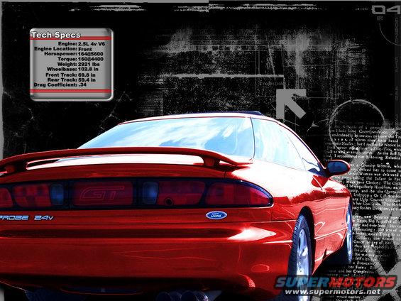 Red Ford Probe GT 24V rear view with tech specs overlay