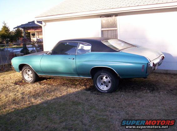 Teal coupe with black vinyl top parked on grass next to a white house