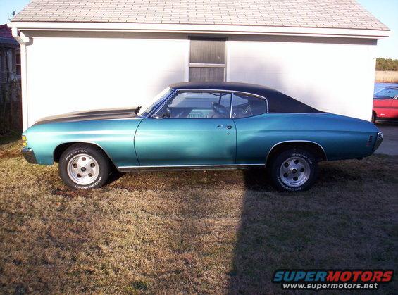 Blue 1970 Chevrolet Chevelle coupe with a black roof and aftermarket wheels parked on grass