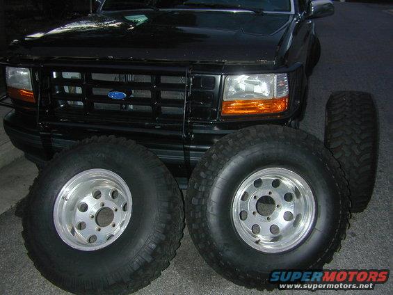 these are the tires and rims that I bought from this really cool guy named Justin in Redwoodcity (RDub). He sold me a set of five 33" BFG mud terrains on alloy rims for $700.  they had 90% tread left and the spare still had the little spiky things when you buy them. The rims were awsome too. It was great deal.  He also had a killer early Bronco. 
