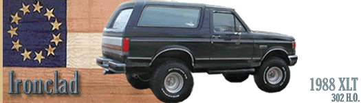 Dark blue 1988 Ford Bronco XLT 302 H.O. from a 3/4 front angle, with a flag and text overlay