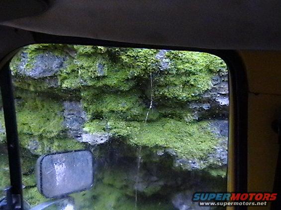 Mossy rock face viewed through a vehicle's side window, with a side mirror visible