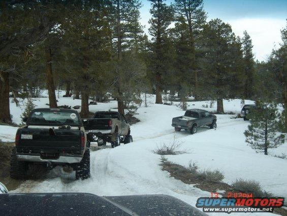 Trucks driving on a snowy road in a forest. The lead truck is black, followed by a tan truck, and a dark SUV in the distance