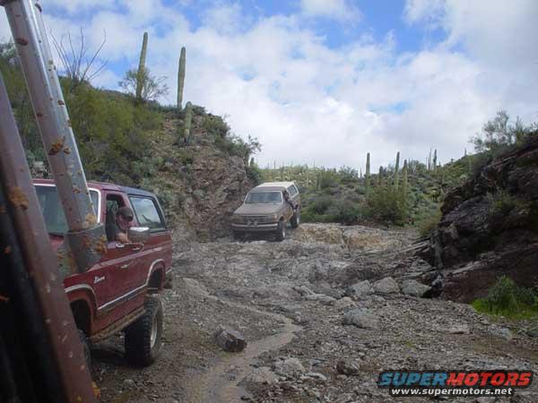 1989 Ford Bronco and another SUV on a rocky desert trail with saguaro cacti