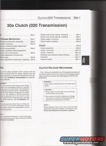 Page from a repair manual detailing clutch and transmission information, with diagrams and warnings