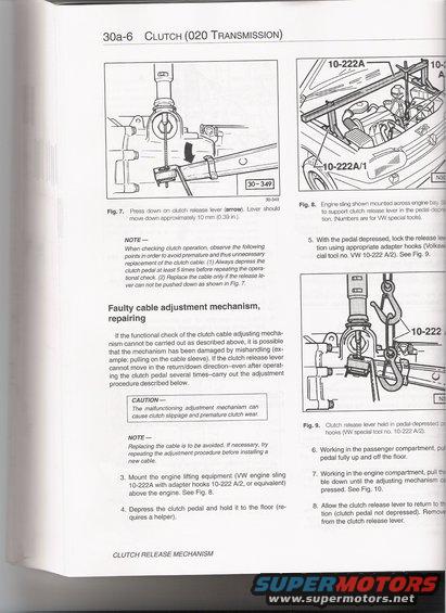 Diagrams illustrating clutch release mechanism repair, showing levers, cables, and tools