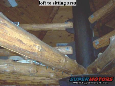 Log cabin interior with central chimney and wooden beams