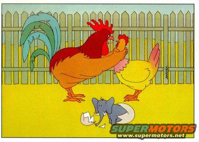 Cartoon of a rooster, hen, and hatching elephant