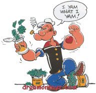 Popeye the Sailor Man cartoon character holding spinach and smoking a pipe, saying 'I yam what I yam!'