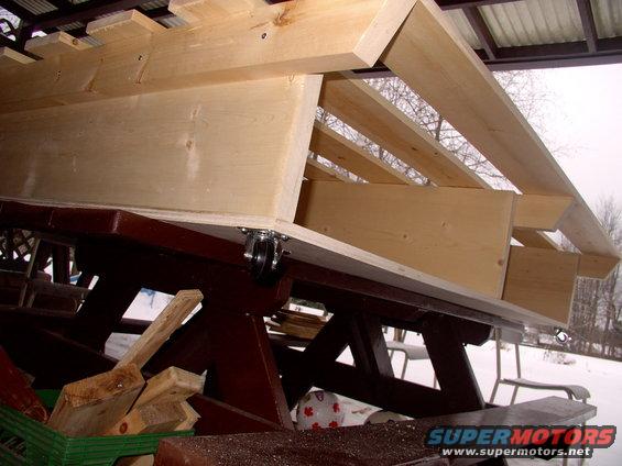 img_0165.jpg The castors were secured through the plywood, well into the 2X12s with 2" long # 10 panhead screws so they won't be wobbling anytime soon.