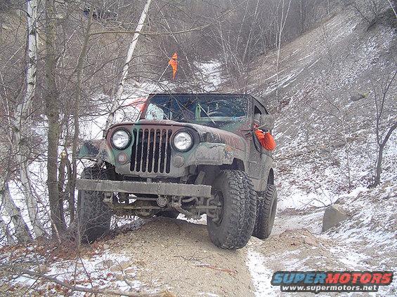 Camouflaged Jeep CJ-5 on snowy trail