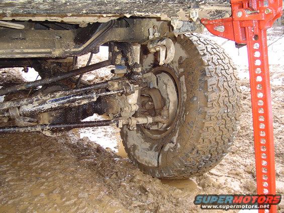 Muddy off-road vehicle suspension and tire with a hi-lift jack
