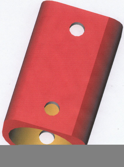 Red metal part with three holes, two on top and one on the side