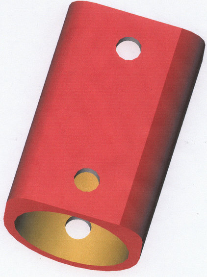 Red cylindrical part with three holes, two on the side and one on the end