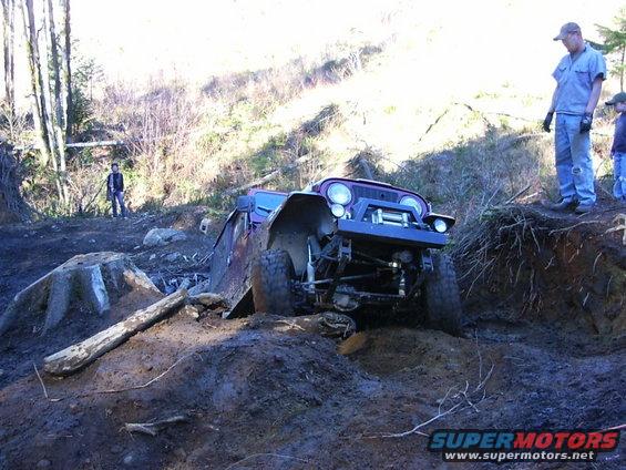 Off-road Jeep with winch, purple body, stuck on a muddy incline with two people watching