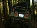 1990 Ford Bronco - An off-road vehicle is stuck in the mud on a wooded trail, its rear end angled upwards.