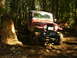 1990 Ford Bronco - A red Jeep CJ-7 navigates a dirt path through a sun-dappled forest.