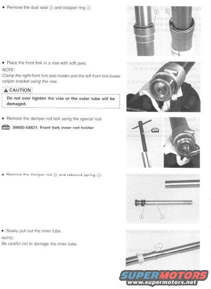 Motorcycle front fork disassembly instructions with diagrams and text