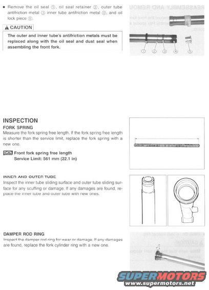 Diagram of motorcycle front fork components and measurements