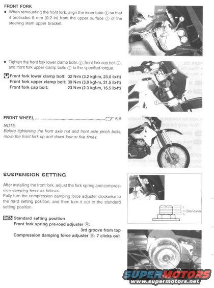 Motorcycle repair manual page with diagrams and text about front fork and wheel assembly