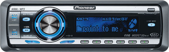 Pioneer car stereo with blue illuminated display and silver control knob