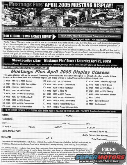 Mustangs Plus April 2005 Mustang Display flyer with pre-registration form for display classes