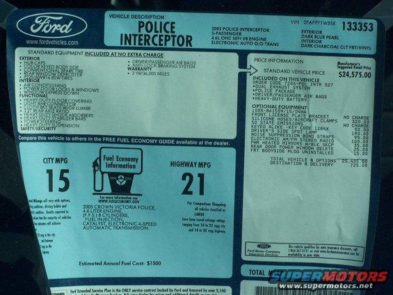 2005 Ford Police Interceptor window sticker with vehicle description, price, and fuel economy information