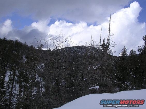 Snowy mountain landscape with bare trees and clouds. Watermark reads SUPERMOTORS