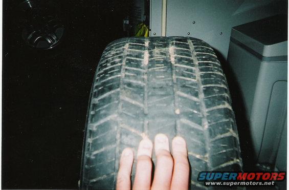 Close-up of a tire tread with a hand for scale
